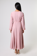 Elegant Wrap-Style Midi Dress with Bead-Embellished Sleeves