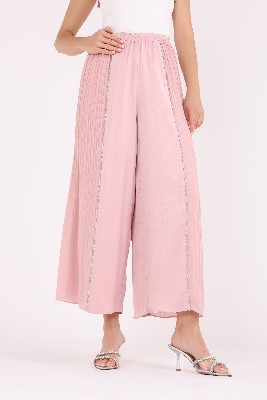 Pleated Wide-Leg Pants with Crystal Side Trim - Montania Shop