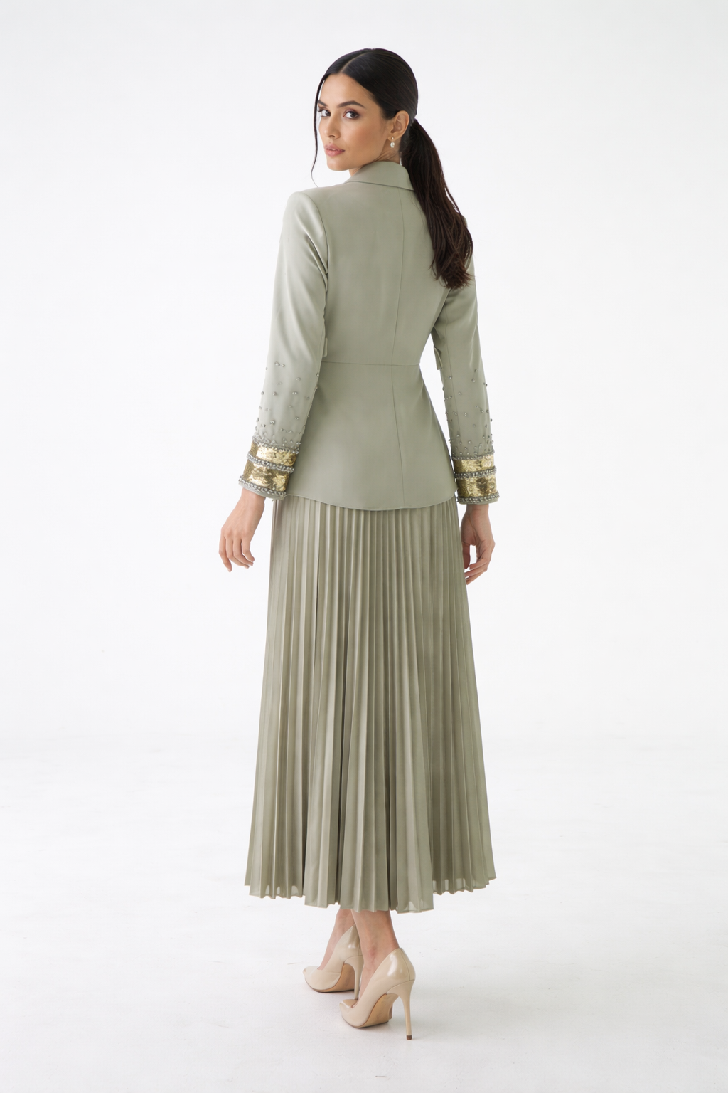 Pleated Maxi Dress with Embellished Blazer-Style Jacket - Montania Shop