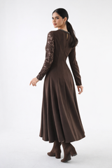 Embellished Lace-Sleeve Maxi Dress