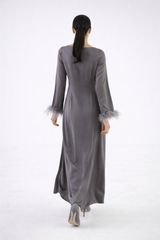 Pleated Waist Maxi Dress with Feather-Trimmed Cuffs - Montania Shop