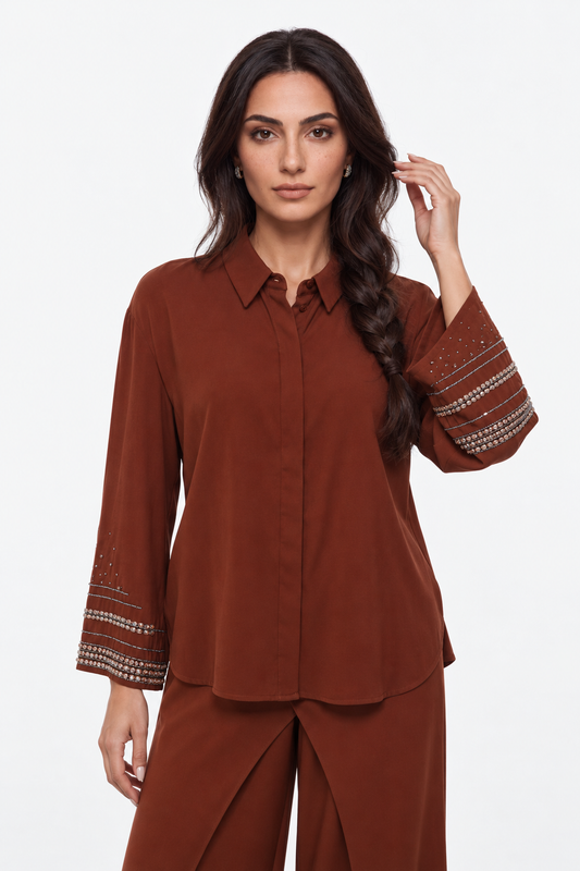 Embellished Cuff High-Low Shirt