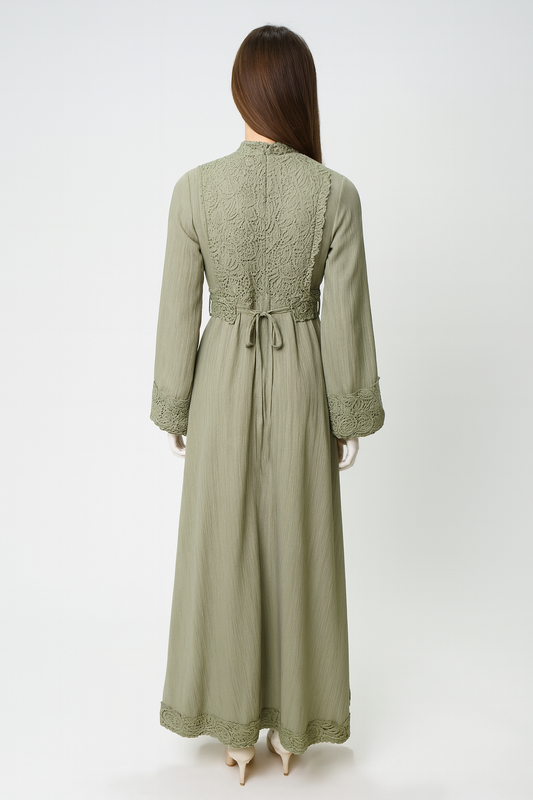 Maxi Dress with Intricate Lace Bodice, Cuff & Hem Detailing