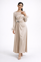 Pleated Waist Maxi Dress with Feather-Trimmed Cuffs