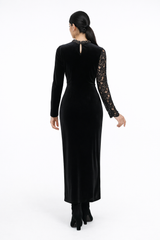 Velvet Maxi Dress with Lace Sleeve and Embellished Details