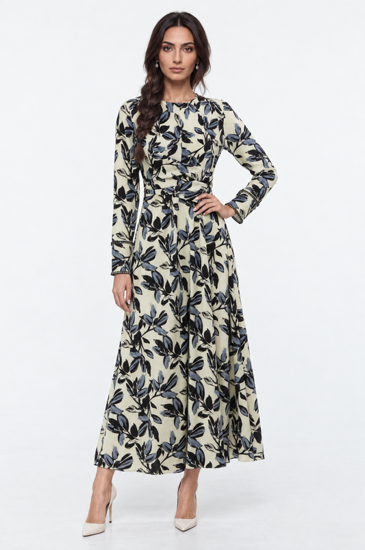 Floral Print Draped-Waist A-Line Maxi Dress