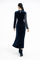 Velvet Maxi Dress with Lace Sleeve and Embellished Details