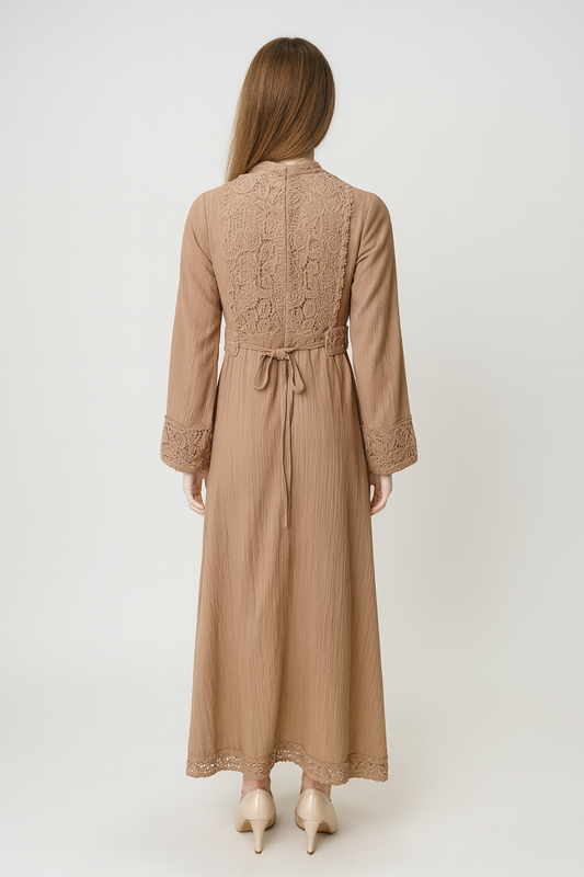 Maxi Dress with Intricate Lace Bodice, Cuff & Hem Detailing