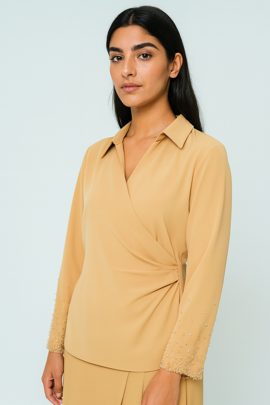Wrap-Style Collared Blouse with Beaded Cuffs