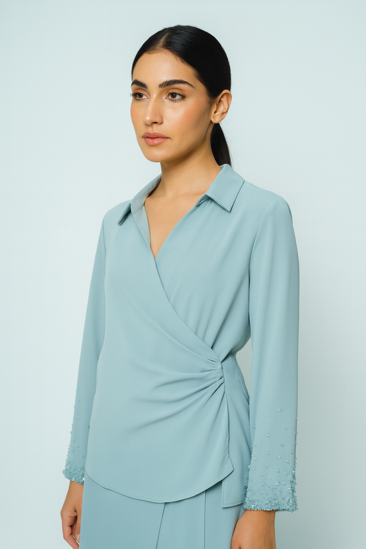 Wrap-Style Collared Blouse with Beaded Cuffs