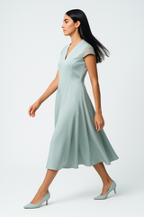 Midi Dress with Embellished Cap Sleeves and Flared Skirt