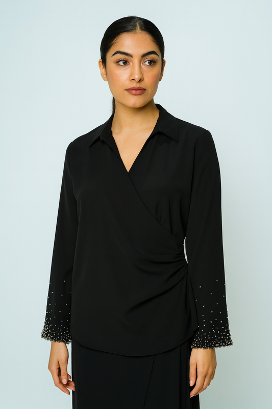 Wrap-Style Collared Blouse with Beaded Cuffs