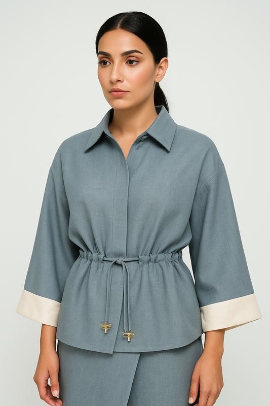 Drawstring Waist Jacket with Contrast Cuffs