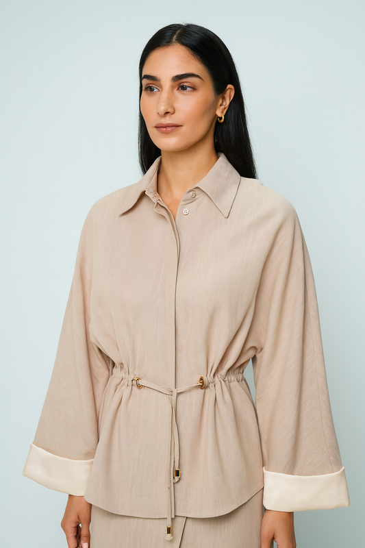 Drawstring Waist Jacket with Contrast Cuffs