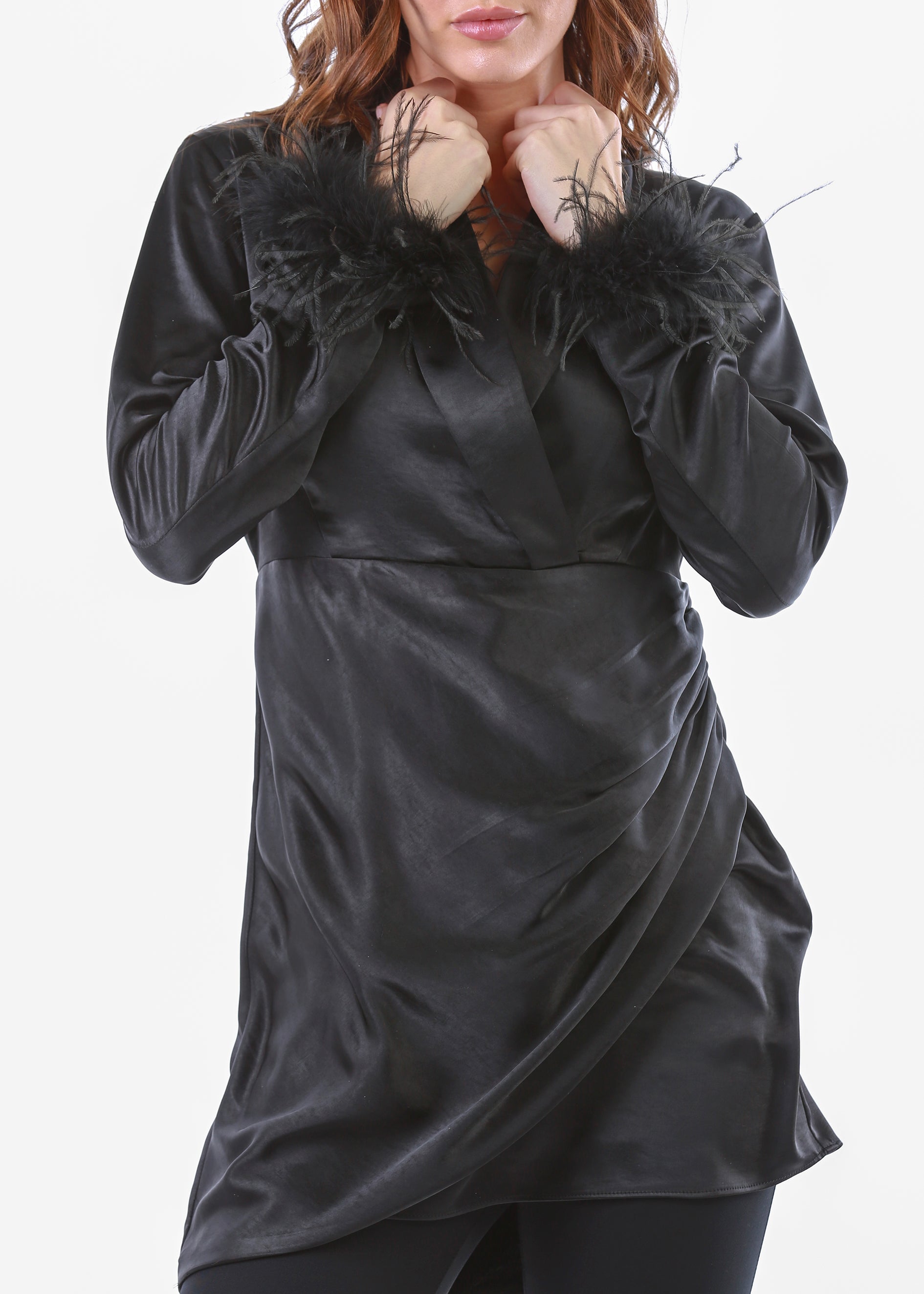 2306200-Long Sleeve Top with Feather Cuff Detail - Montania Shop