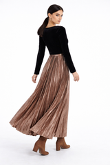 Two-Fabric Maxi Dress with Velvet Bodice and Pleated Skirt