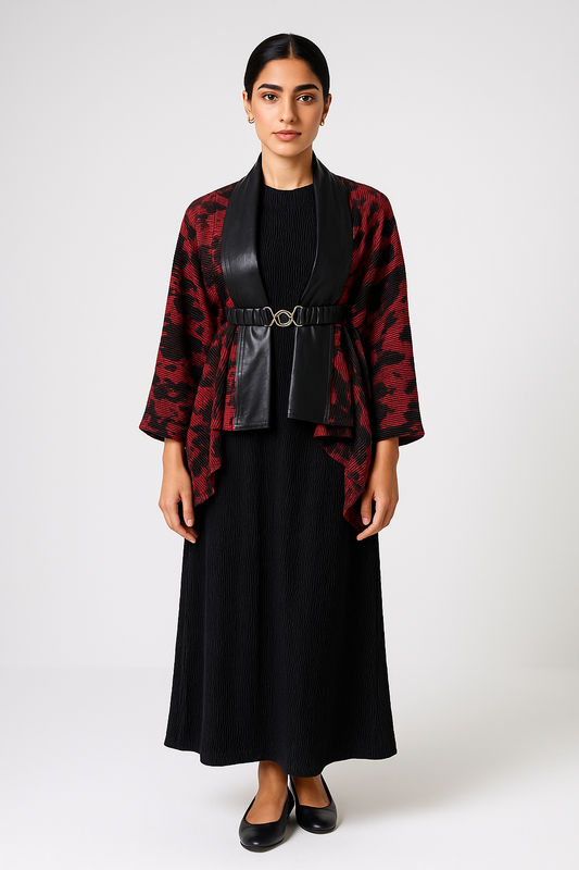 Printed Kimono Jacket with Faux Leather Lapel