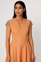 Midi Dress with Embellished Cap Sleeves and Flared Skirt