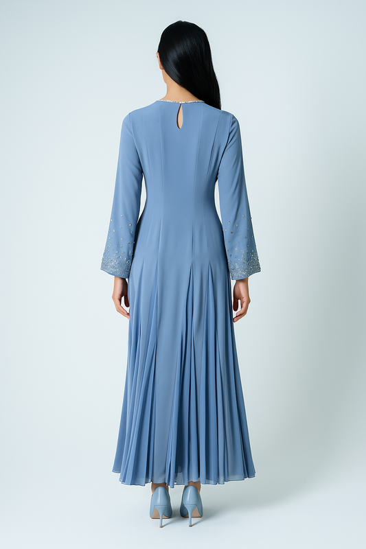 Elegant Maxi Dress with Crystal-Embellished Sleeves