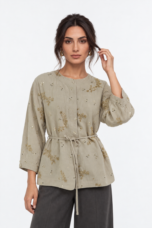 All-Over Embellished Belted Shirt