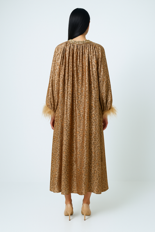 Animal Print Maxi Dress with Embellished Neckline & Feather Cuff Detail