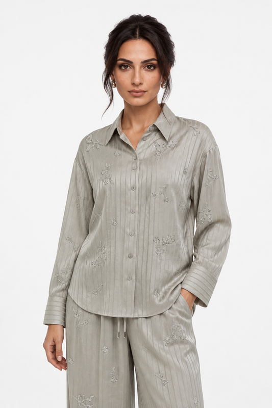 Hand-Embellished Metallic Bead High-Low Shirt