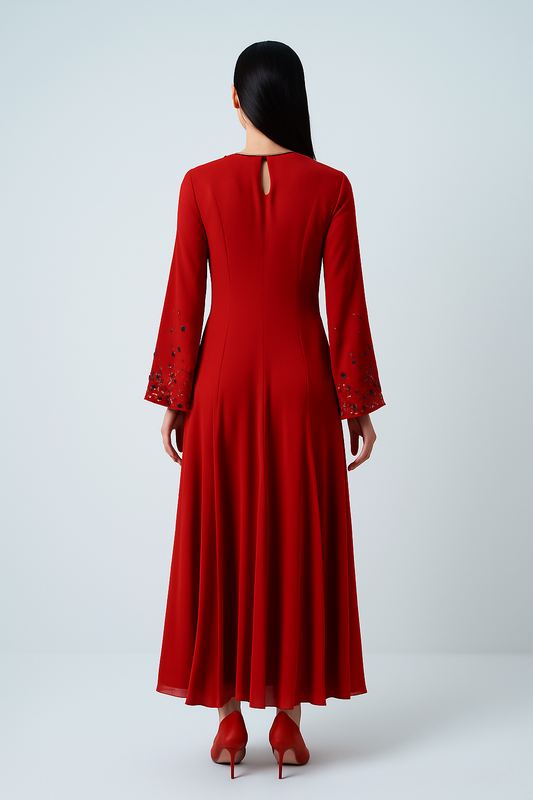 Elegant Maxi Dress with Crystal-Embellished Sleeves