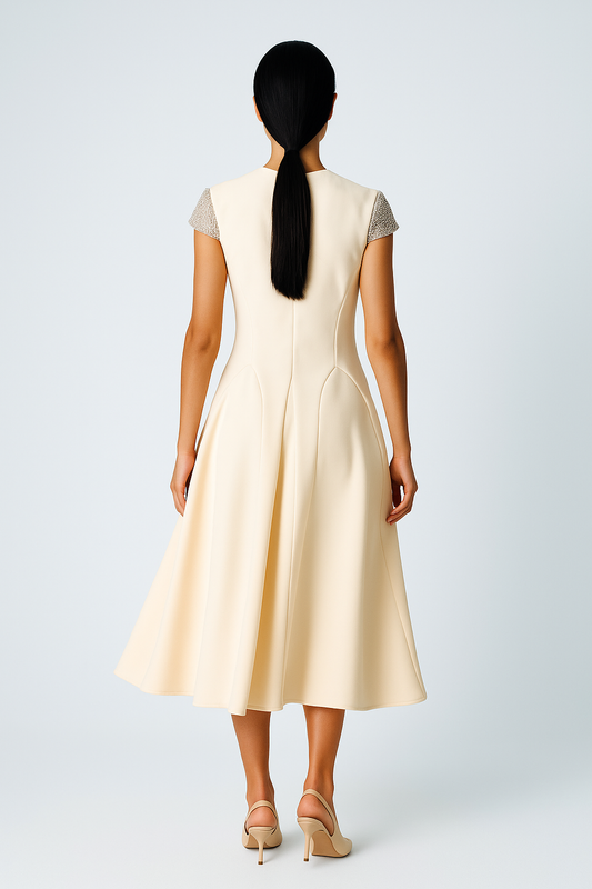 Midi Dress with Embellished Cap Sleeves and Flared Skirt