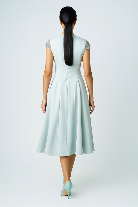 Midi Dress with Embellished Cap Sleeves and Flared Skirt