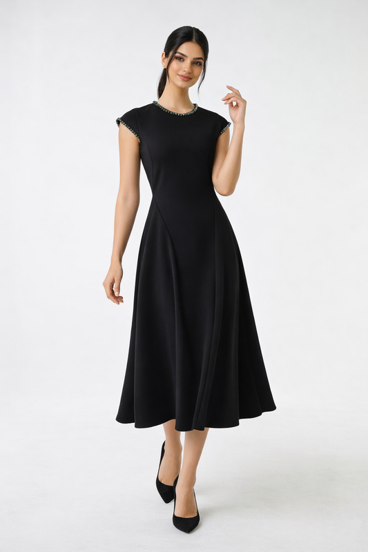 The Elara Embellished Trim Midi Dress