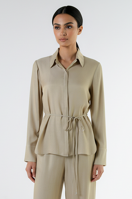Textured Long Sleeve Hi-Low Shirt with Self-Fabric Belt