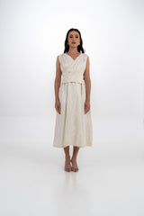 فستان ميدي بدون أكمام من قماش البروكيد