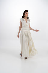 فستان ماكسي بأكمام قصيرة مطرزة وخصر مكشكش