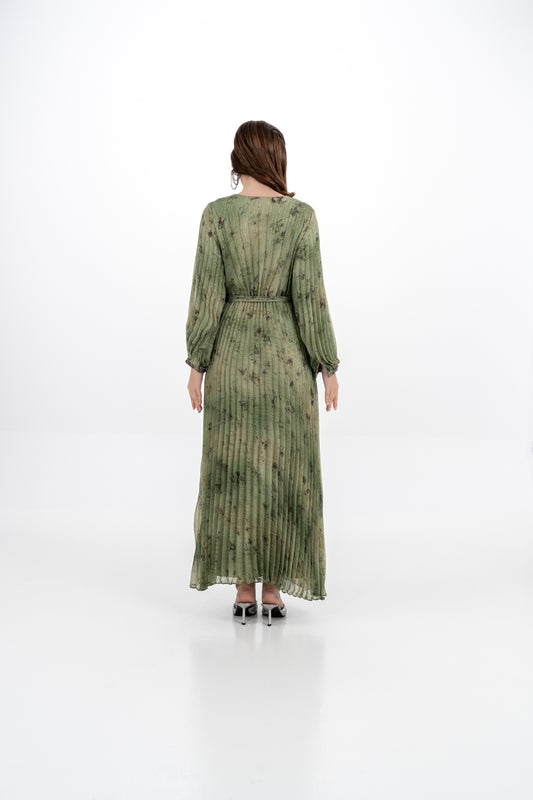 Pleated V-Neck Maxi Dress with Tie Waist