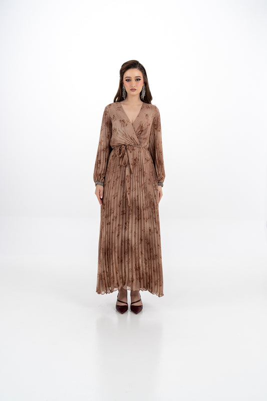 Pleated V-Neck Maxi Dress with Tie Waist