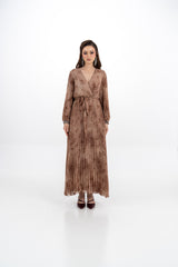 Pleated V-Neck Maxi Dress with Tie Waist