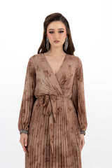 Pleated V-Neck Maxi Dress with Tie Waist