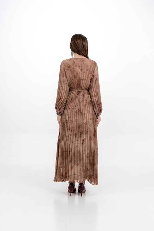 Pleated V-Neck Maxi Dress with Tie Waist