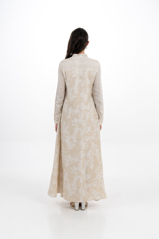 Mandarin Collar Striped & Floral A-Line Maxi Dress