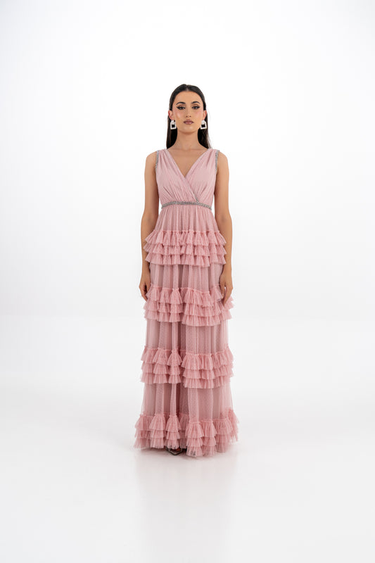 Ruffled Mesh Evening Gown with Crystal Embellishments