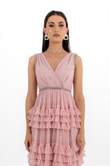 Ruffled Mesh Evening Gown with Crystal Embellishments