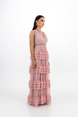 Ruffled Mesh Evening Gown with Crystal Embellishments
