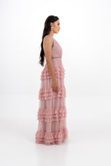 Ruffled Mesh Evening Gown with Crystal Embellishments