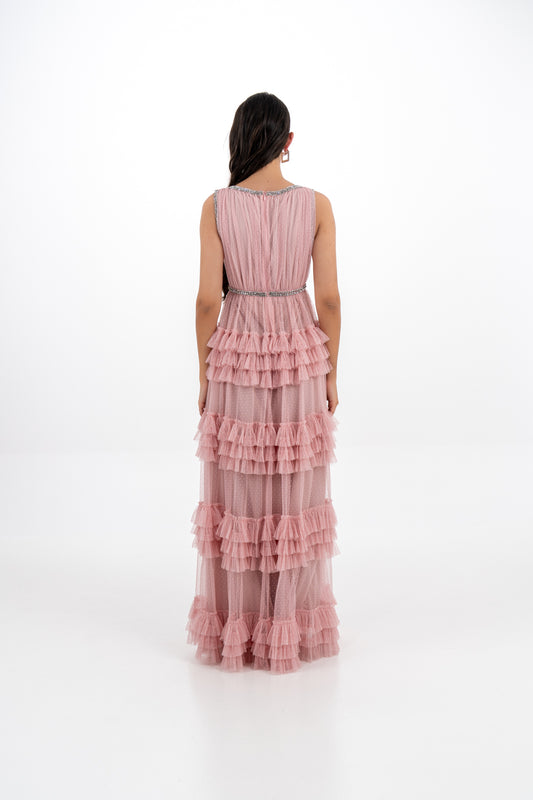 Ruffled Mesh Evening Gown with Crystal Embellishments