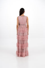 Ruffled Mesh Evening Gown with Crystal Embellishments