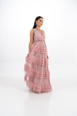 Ruffled Mesh Evening Gown with Crystal Embellishments