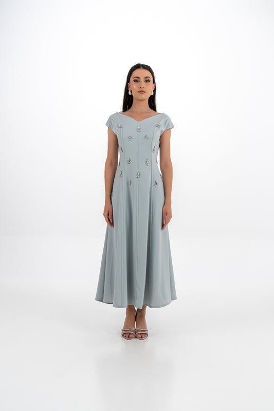 Crystal-Embellished Off‑Shoulder A‑Line Gown