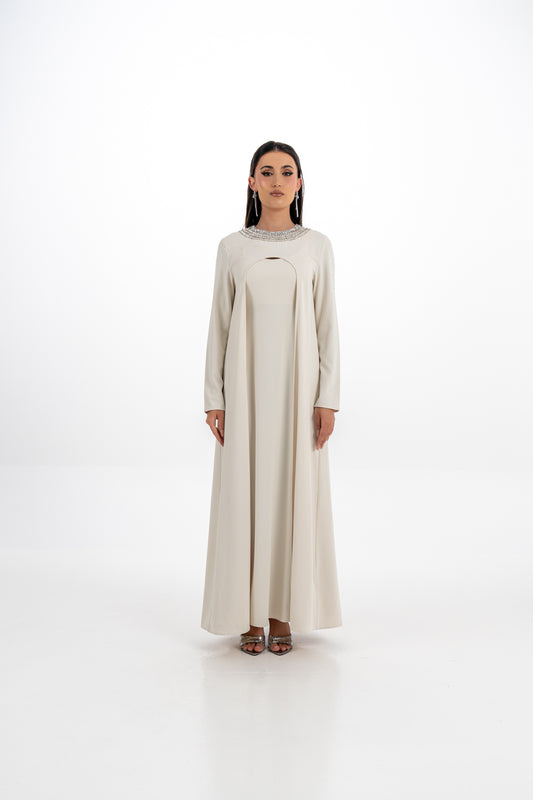 Embellished Collar Dress with Long Cardigan