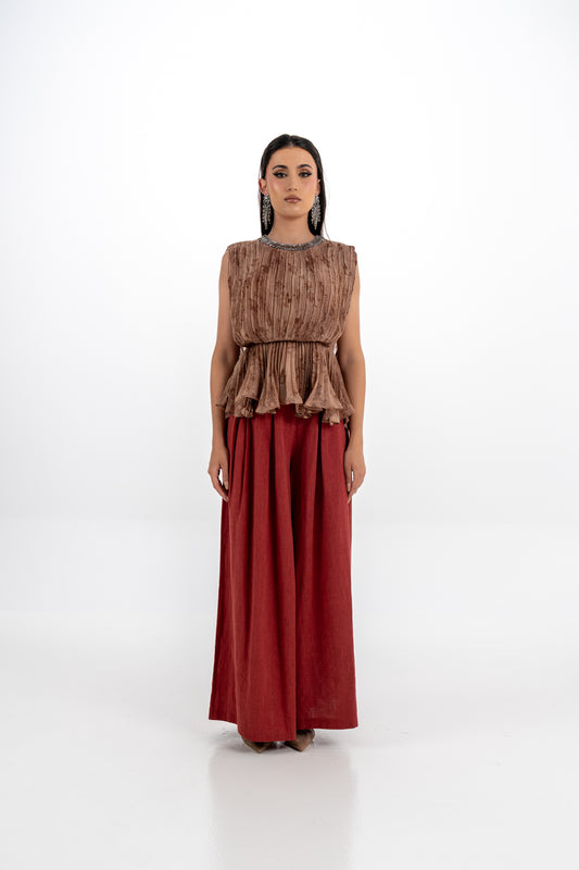 Pleated Peplum Sleeveless Top with Embellished Neckline