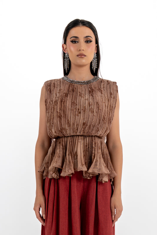 Pleated Peplum Sleeveless Top with Embellished Neckline